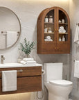 34" Brown Wood Wall Mounted Glass Panel Inlay Four Door Bathroom Cabinet