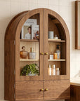 34" Brown Wood Wall Mounted Glass Panel Inlay Four Door Bathroom Cabinet