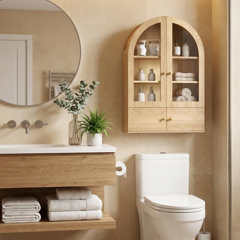 34" Brown Wood Wall Mounted Glass Panel Inlay Four Door Bathroom Cabinet