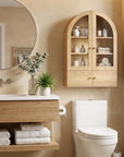 34" Brown Wood Wall Mounted Glass Panel Inlay Four Door Bathroom Cabinet