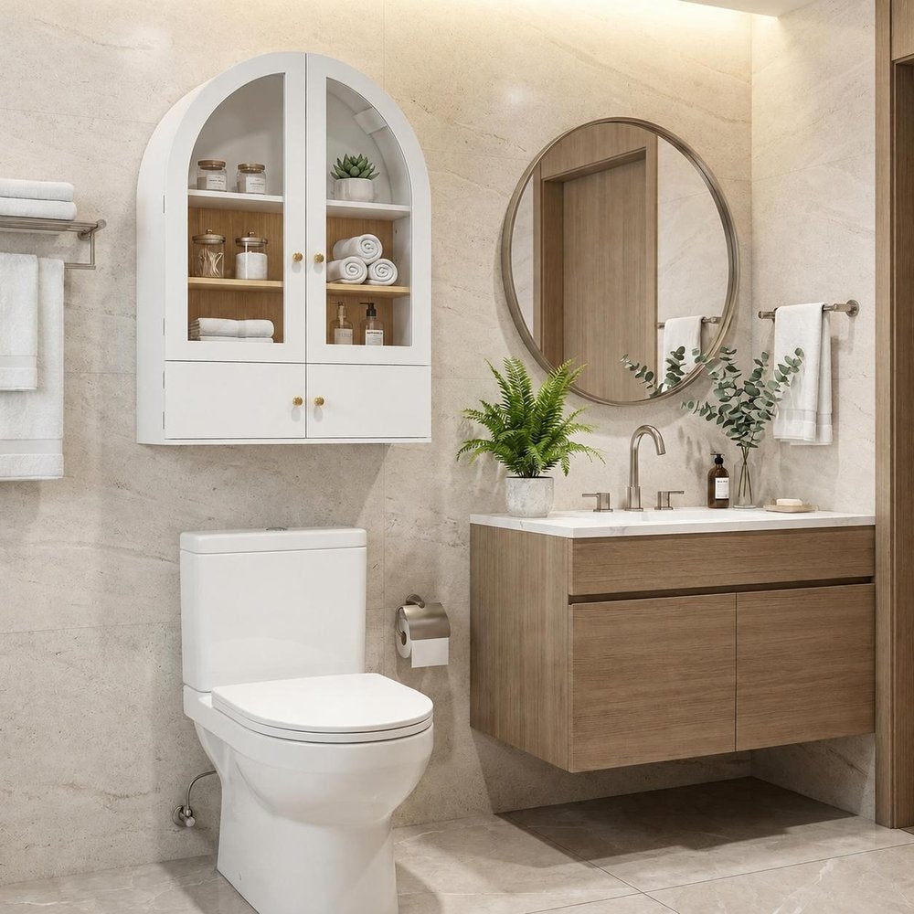 34" Brown Wood Wall Mounted Glass Panel Inlay Four Door Bathroom Cabinet