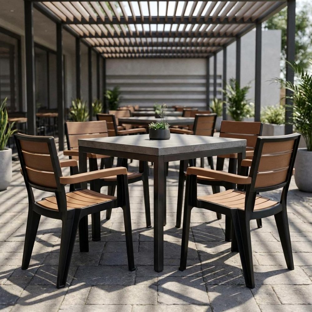 Set of Four Brown And Black Faux Wood Heavy Duty Plastic Outdoor Stacking Arm Chairs