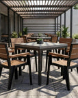 Set of Four Brown And Black Faux Wood Heavy Duty Plastic Outdoor Stacking Arm Chairs