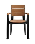 Set of Four Brown And Black Faux Wood Heavy Duty Plastic Outdoor Stacking Arm Chairs