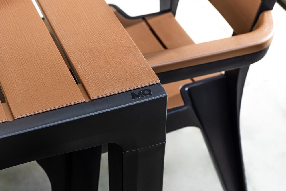 Set of Four Brown And Black Faux Wood Heavy Duty Plastic Outdoor Stacking Arm Chairs