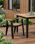 Set of Four Brown And Black Faux Wood Heavy Duty Plastic Outdoor Stacking Arm Chairs
