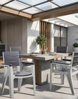 Set of Four Charcoal And Gray Faux Wood Heavy Duty Plastic Outdoor Stacking Arm Chairs