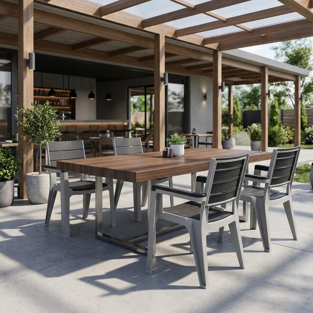 Set of Four Charcoal And Gray Faux Wood Heavy Duty Plastic Outdoor Stacking Arm Chairs