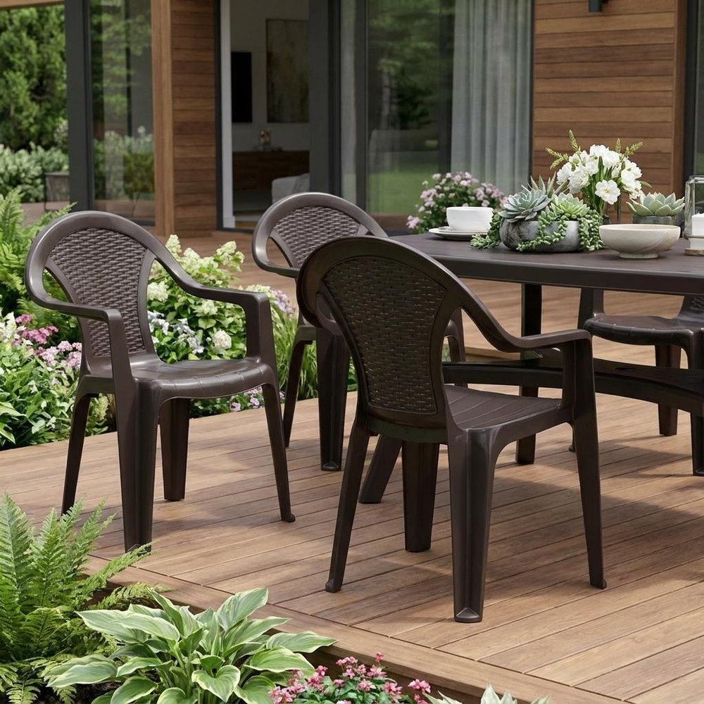 Set of Four Taupe Textured Heavy Duty Plastic Outdoor Stacking Arm Chairs