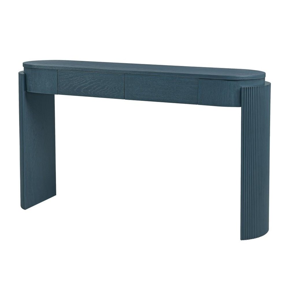 55" Teal Blue Wood Oval Double Pedestal Console Table With Two Drawers
