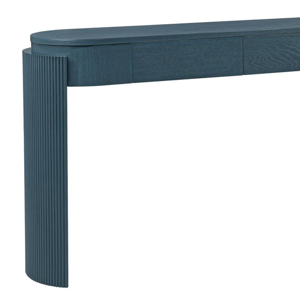 55" Teal Blue Wood Oval Double Pedestal Console Table With Two Drawers