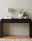 54" Black Wood Double Pedestal Curved Edge Console Table With Two Drawers