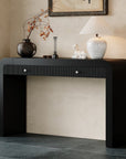 54" Black Wood Double Pedestal Curved Edge Console Table With Two Drawers