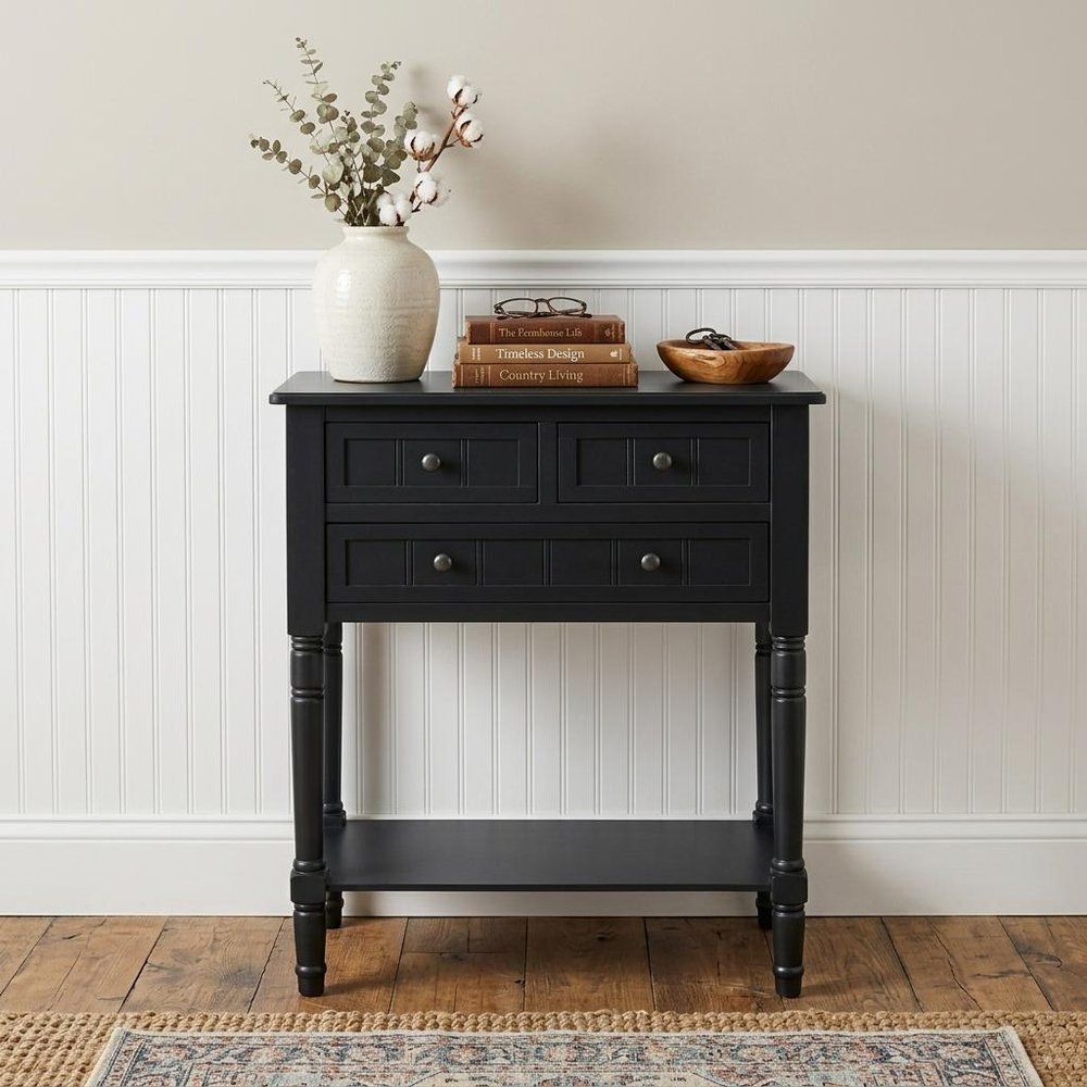 24" Blue Solid Wood Distressed Console Table With Shelf And Three Drawers