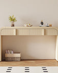 55" Cream Wood Round Double Pedestal Console Table With Two Drawers