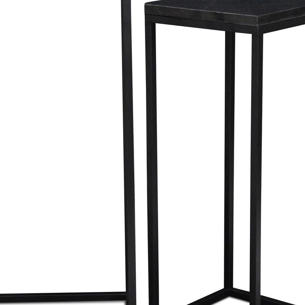 Set of Two Black Marble and Steel Square Frame Nested Tables