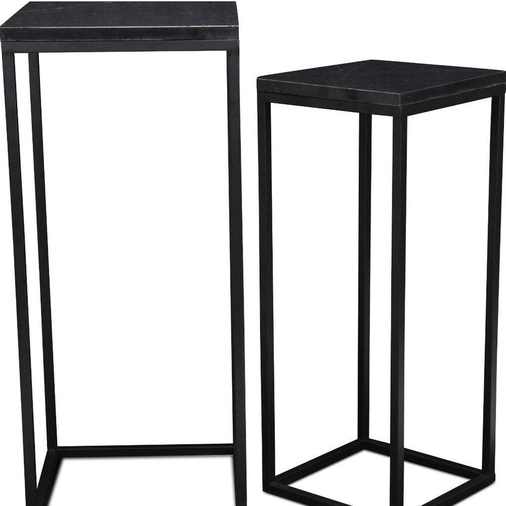 Set of Two Black Marble and Steel Square Frame Nested Tables