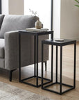 Set of Two Black Marble and Steel Square Frame Nested Tables