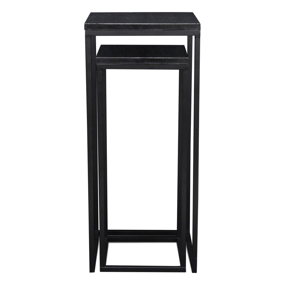 Set of Two Black Marble and Steel Square Frame Nested Tables