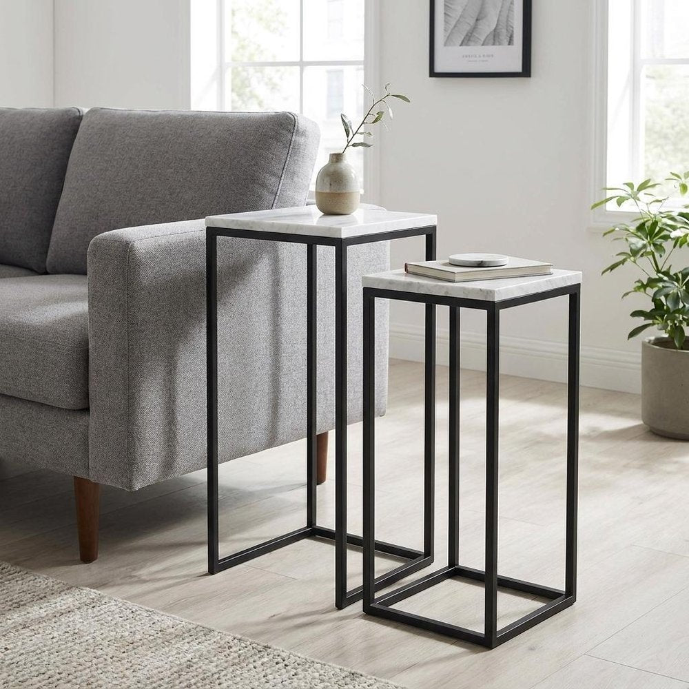 Set of Two Black Marble and Steel Square Frame Nested Tables