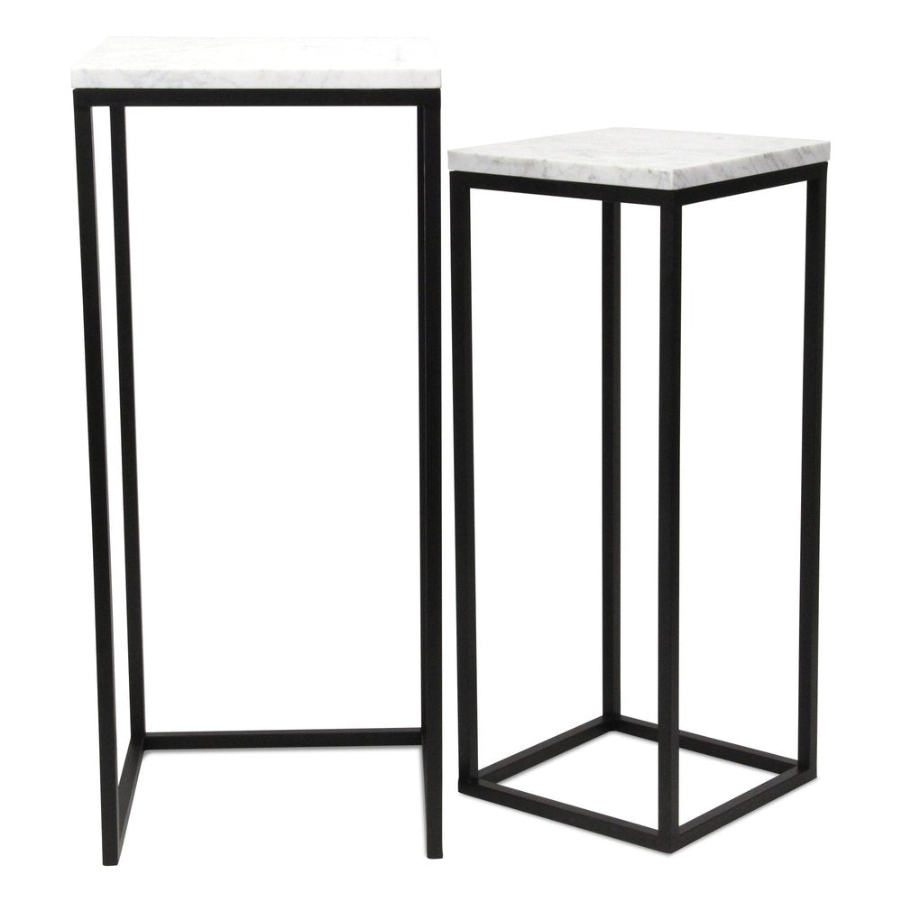 Set of Two Black Marble and Steel Square Frame Nested Tables