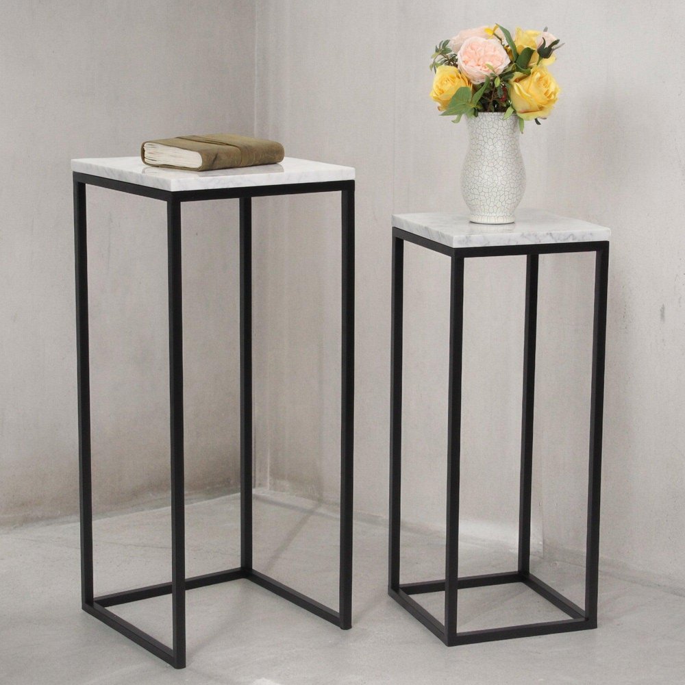 Set of Two Black Marble and Steel Square Frame Nested Tables