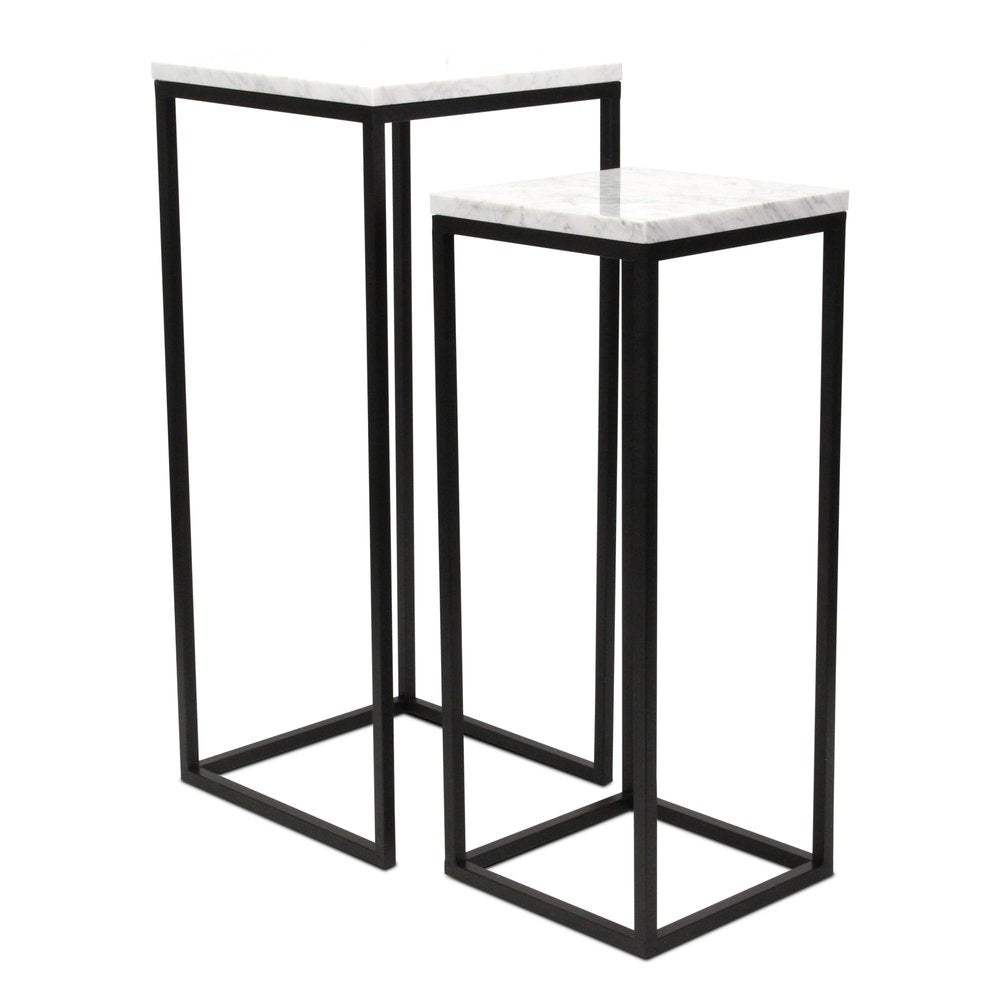 Set of Two Black Marble and Steel Square Frame Nested Tables