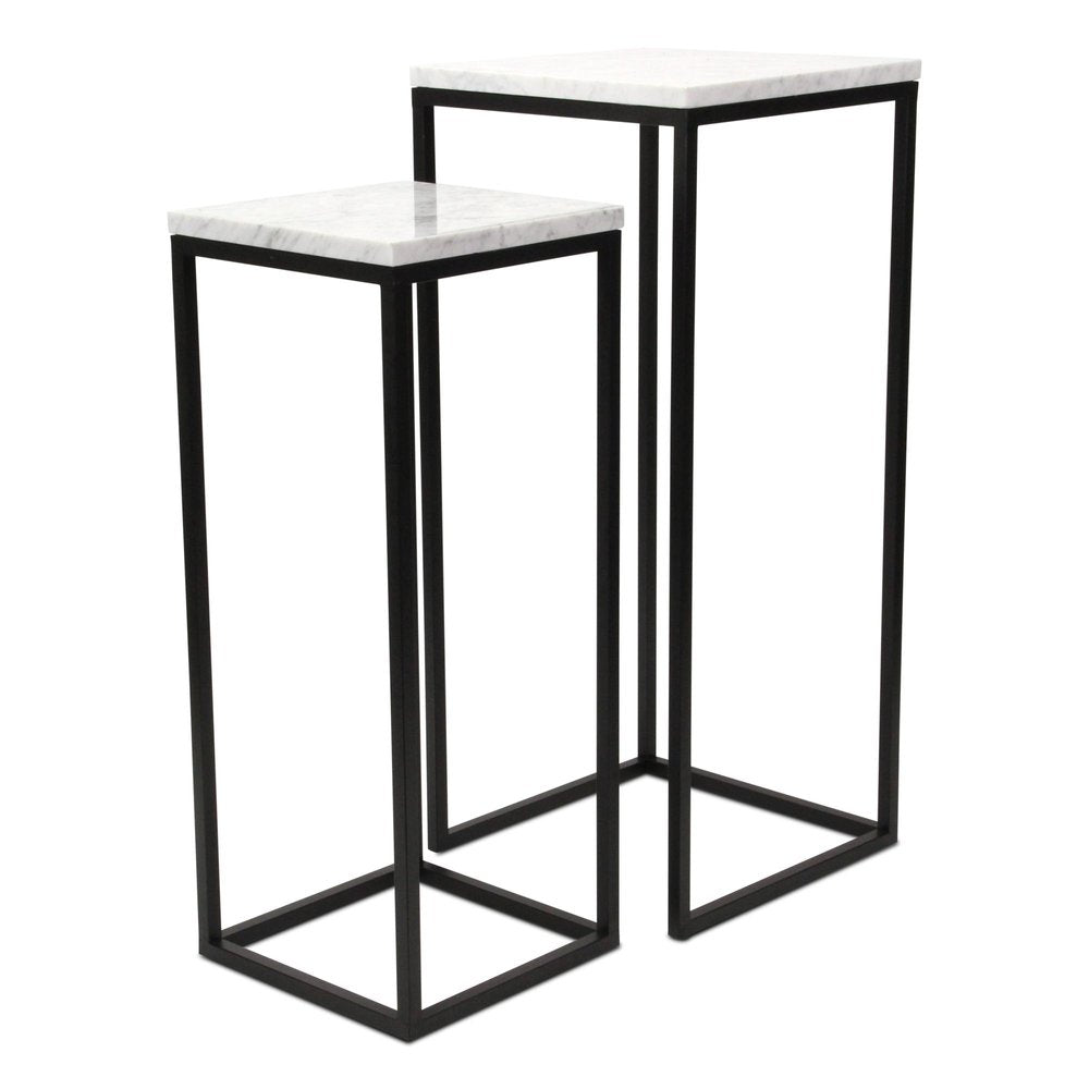 Set of Two Black Marble and Steel Square Frame Nested Tables