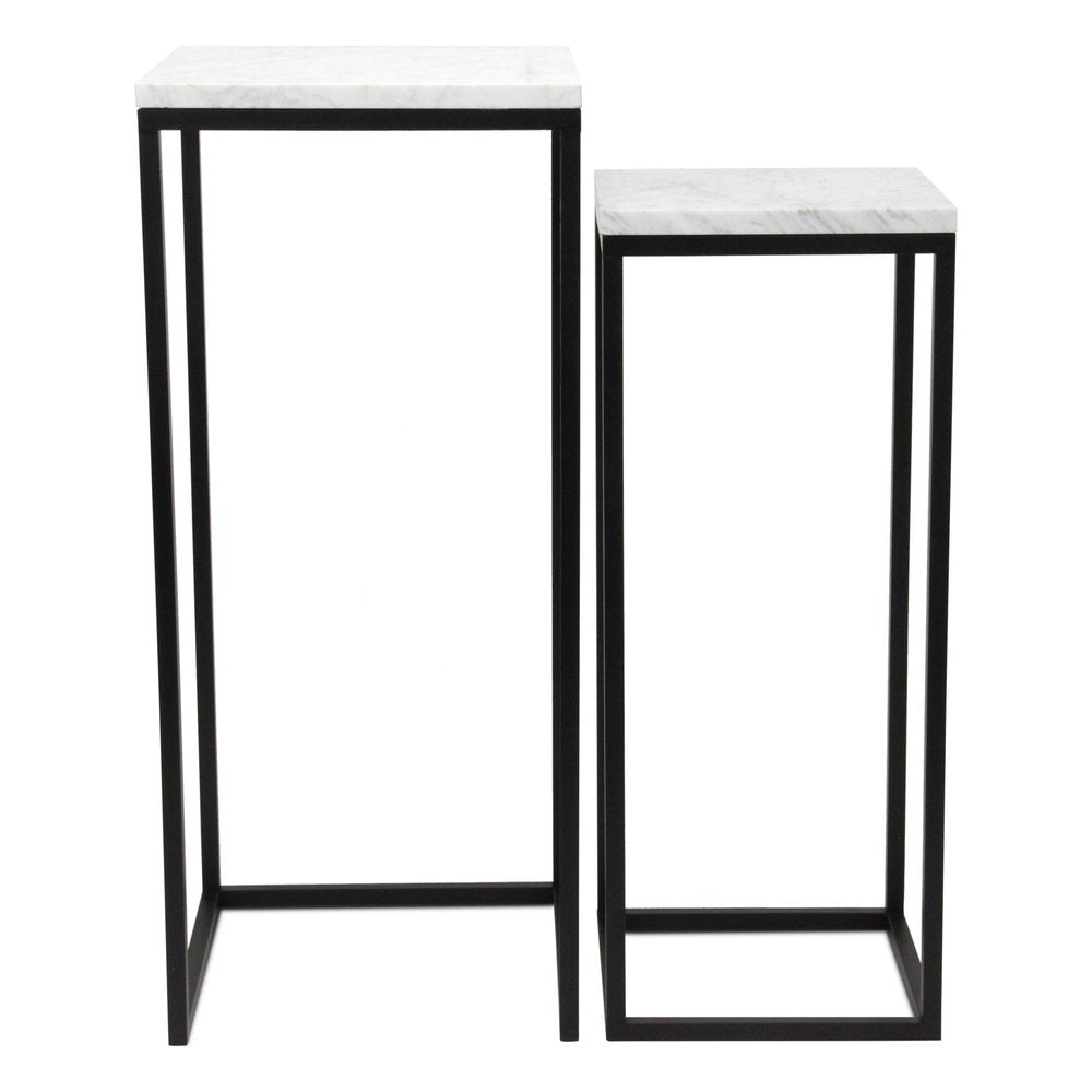 Set of Two Black Marble and Steel Square Frame Nested Tables