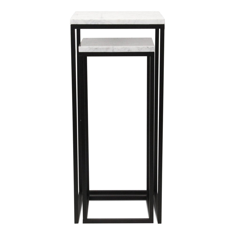 Set of Two Black Marble and Steel Square Frame Nested Tables