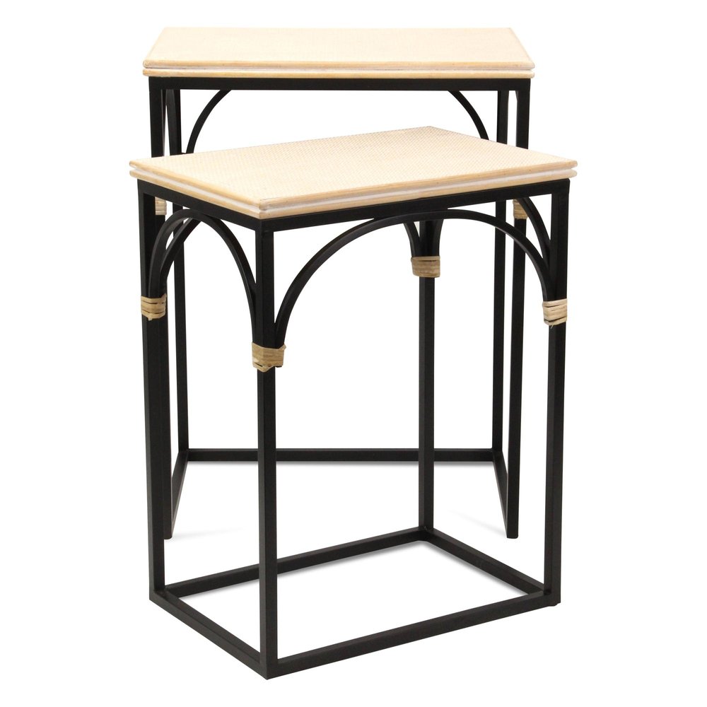 Set of Two Natural And Black Distressed Solid Wood And Steel Frame Nested Tables