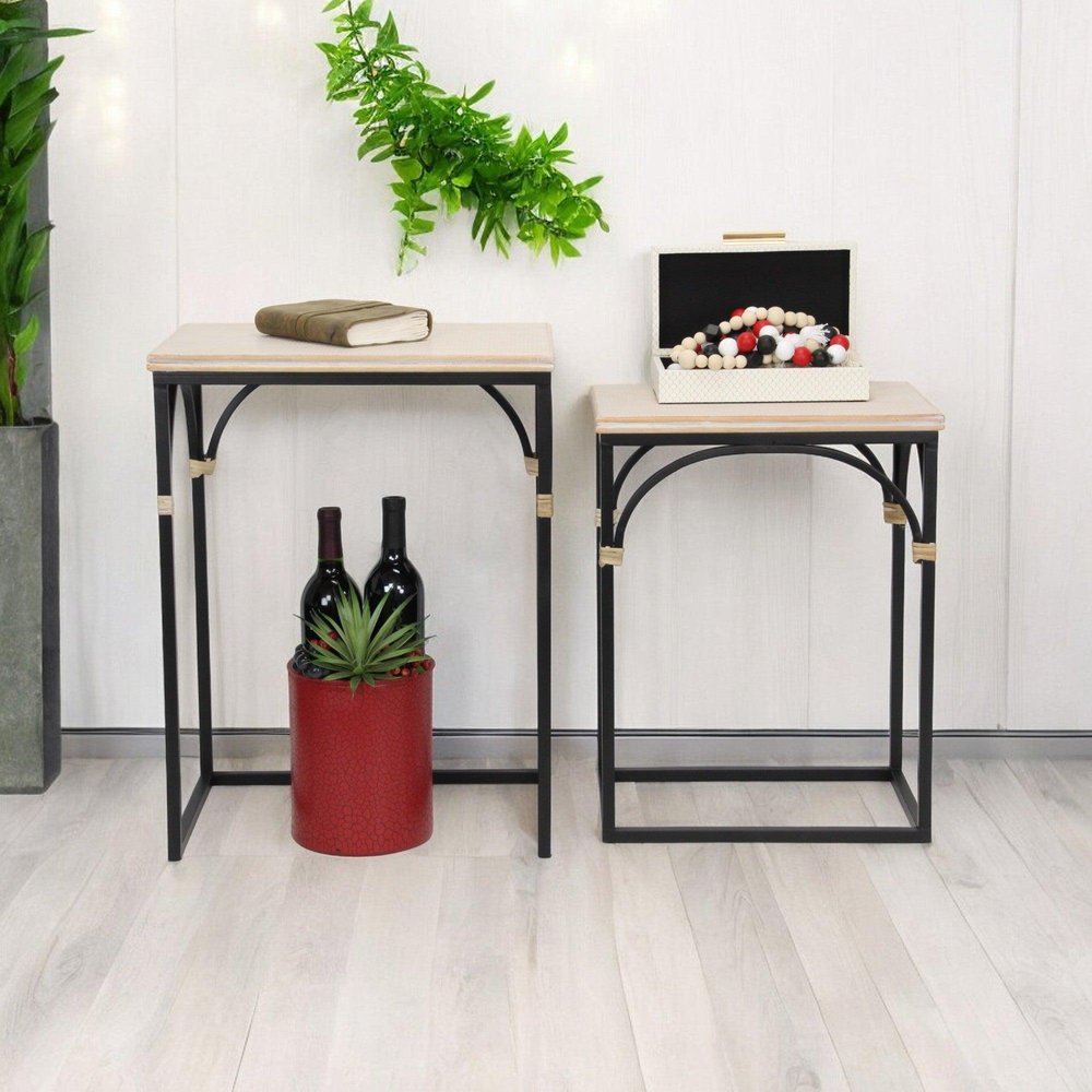 Set of Two Natural And Black Distressed Solid Wood And Steel Frame Nested Tables