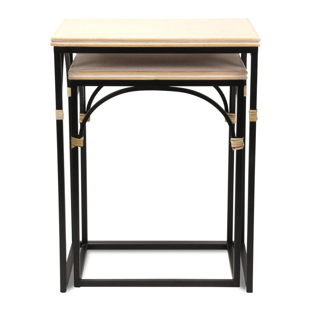 Set of Two Natural And Black Distressed Solid Wood And Steel Frame Nested Tables