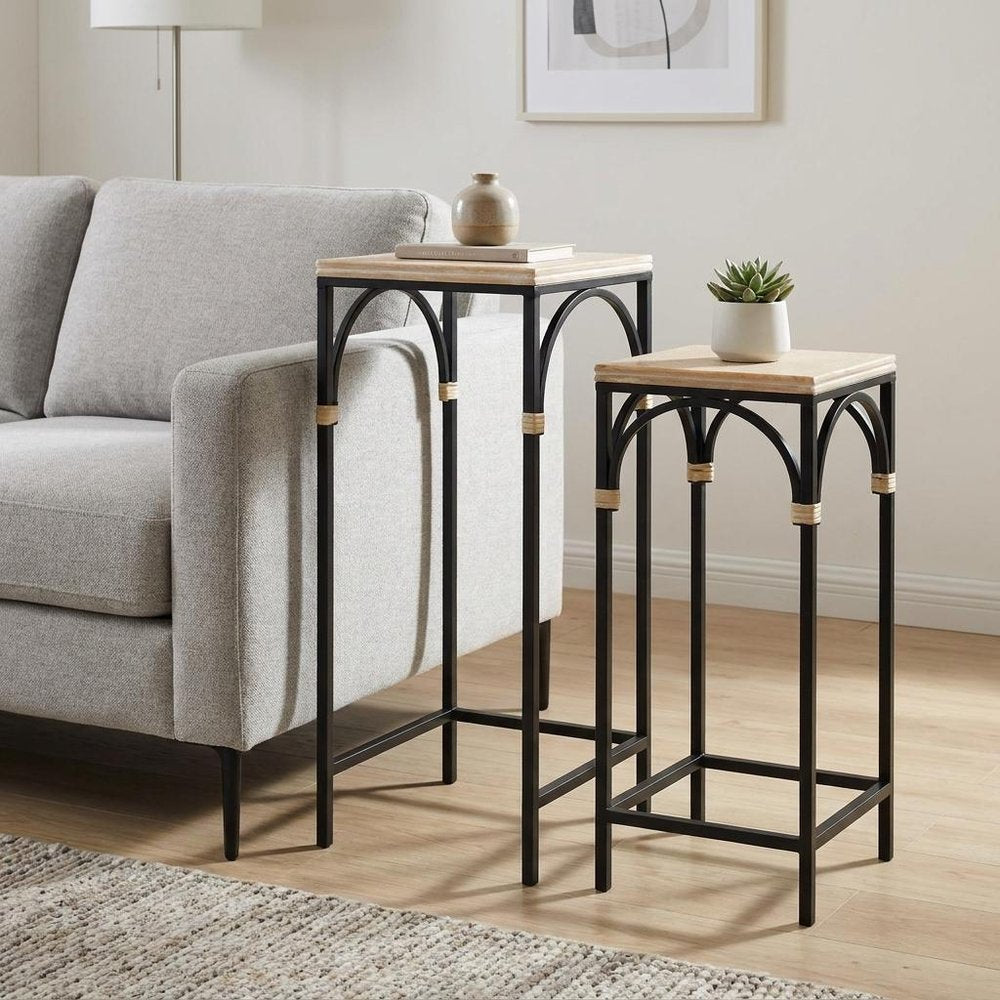 Set of Two Natural And Black Distressed Solid Wood And Steel Frame Nested Tables