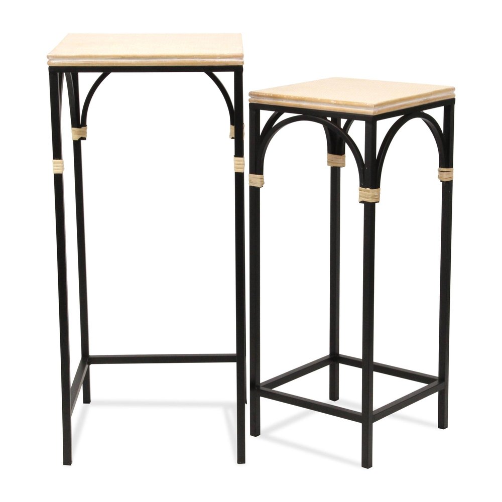 Set of Two Natural And Black Distressed Solid Wood And Steel Frame Nested Tables