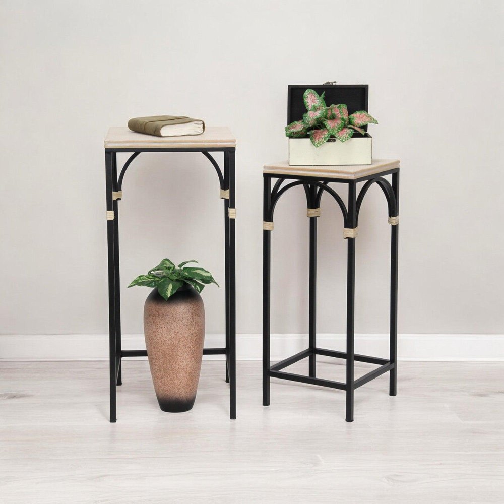 Set of Two Natural And Black Distressed Solid Wood And Steel Frame Nested Tables
