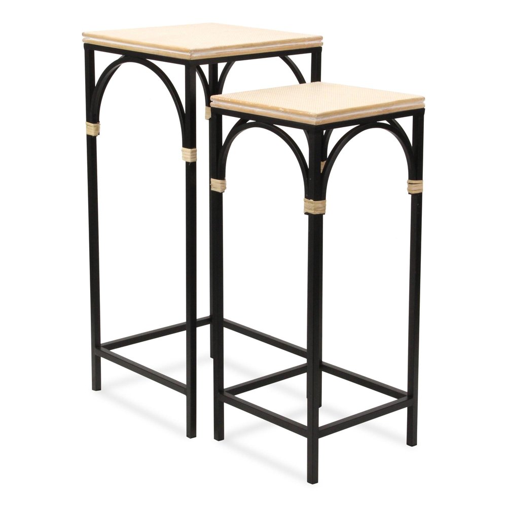 Set of Two Natural And Black Distressed Solid Wood And Steel Frame Nested Tables