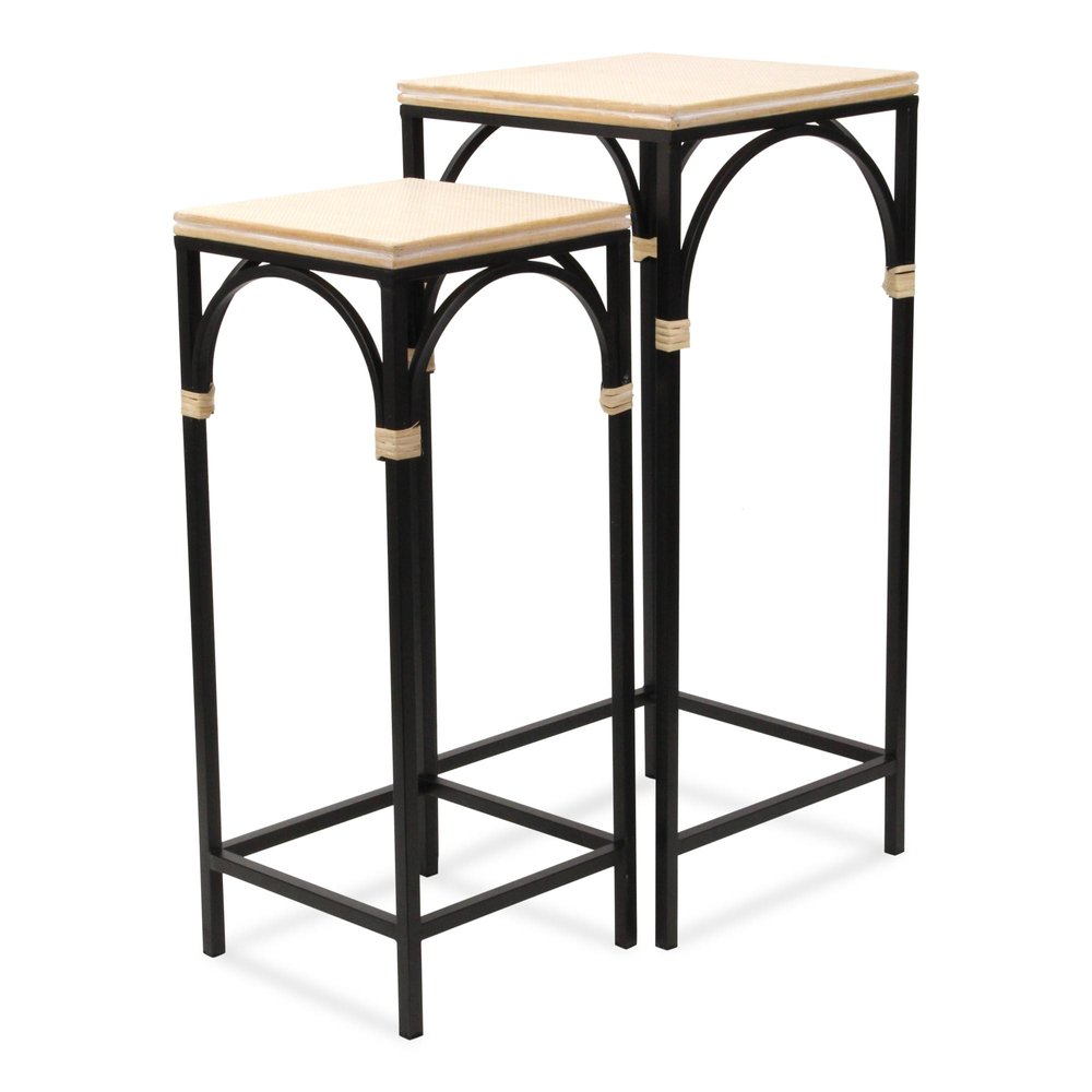 Set of Two Natural And Black Distressed Solid Wood And Steel Frame Nested Tables