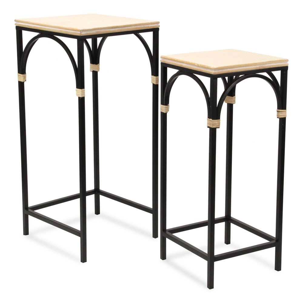 Set of Two Natural And Black Distressed Solid Wood And Steel Frame Nested Tables