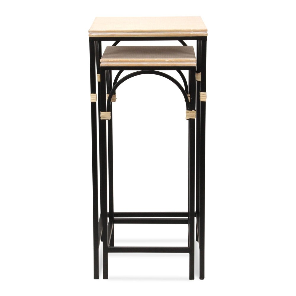 Set of Two Natural And Black Distressed Solid Wood And Steel Frame Nested Tables