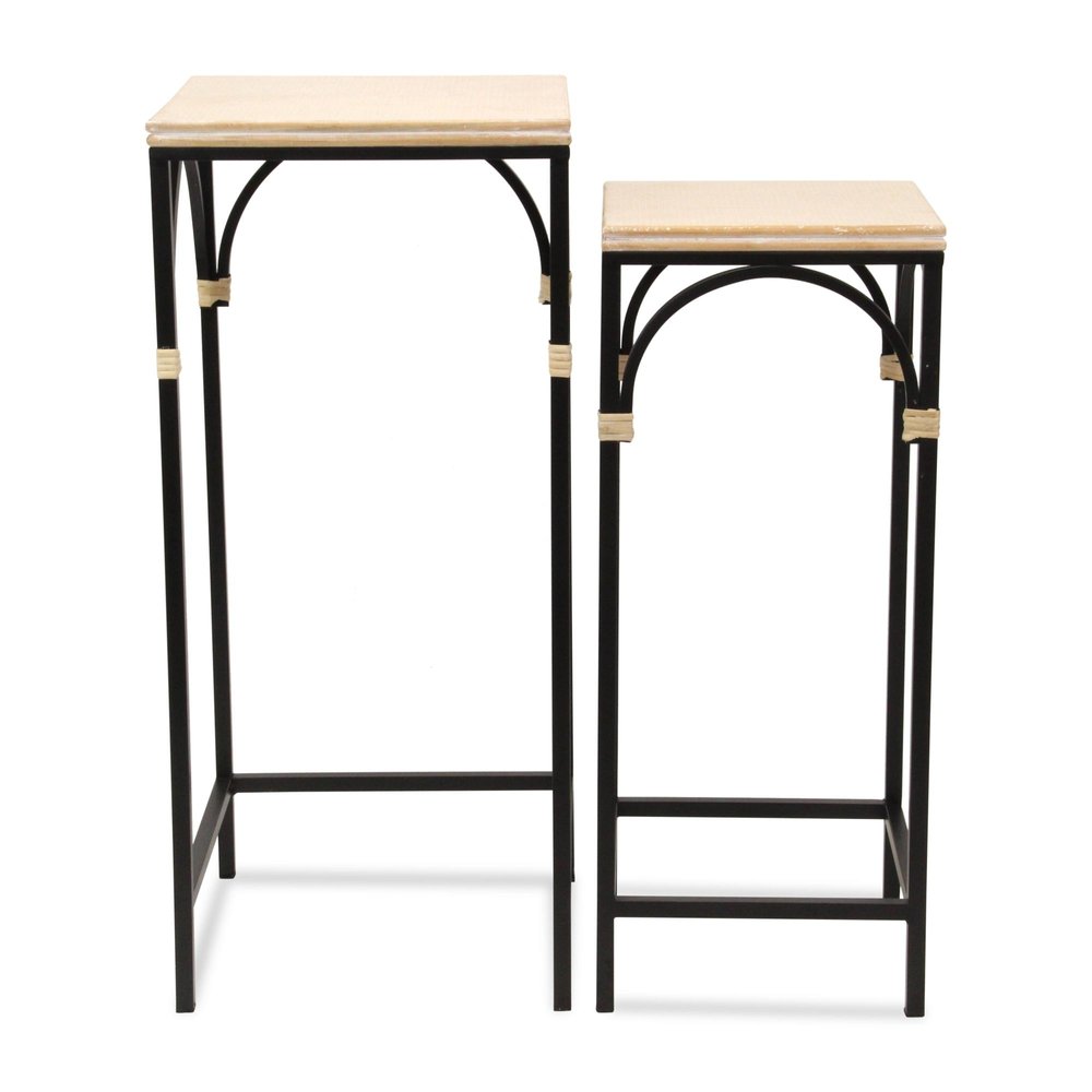Set of Two Natural And Black Distressed Solid Wood And Steel Frame Nested Tables
