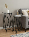 Set of Two Silver and Black Mirrored Glass and Steel Square Frame Nested Tables