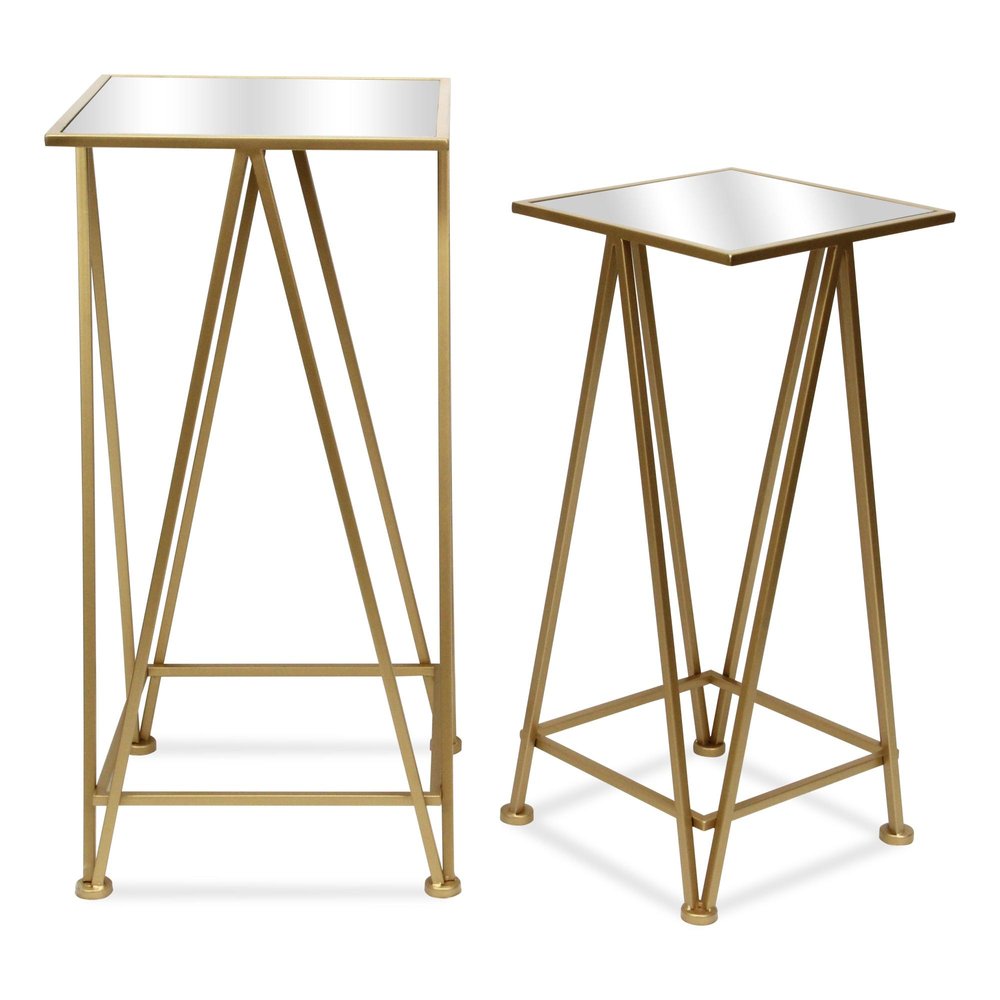 Set of Two Silver and Black Mirrored Glass and Steel Square Frame Nested Tables