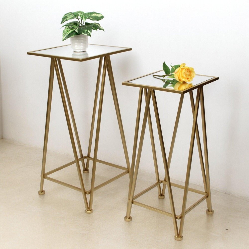 Set of Two Silver and Black Mirrored Glass and Steel Square Frame Nested Tables