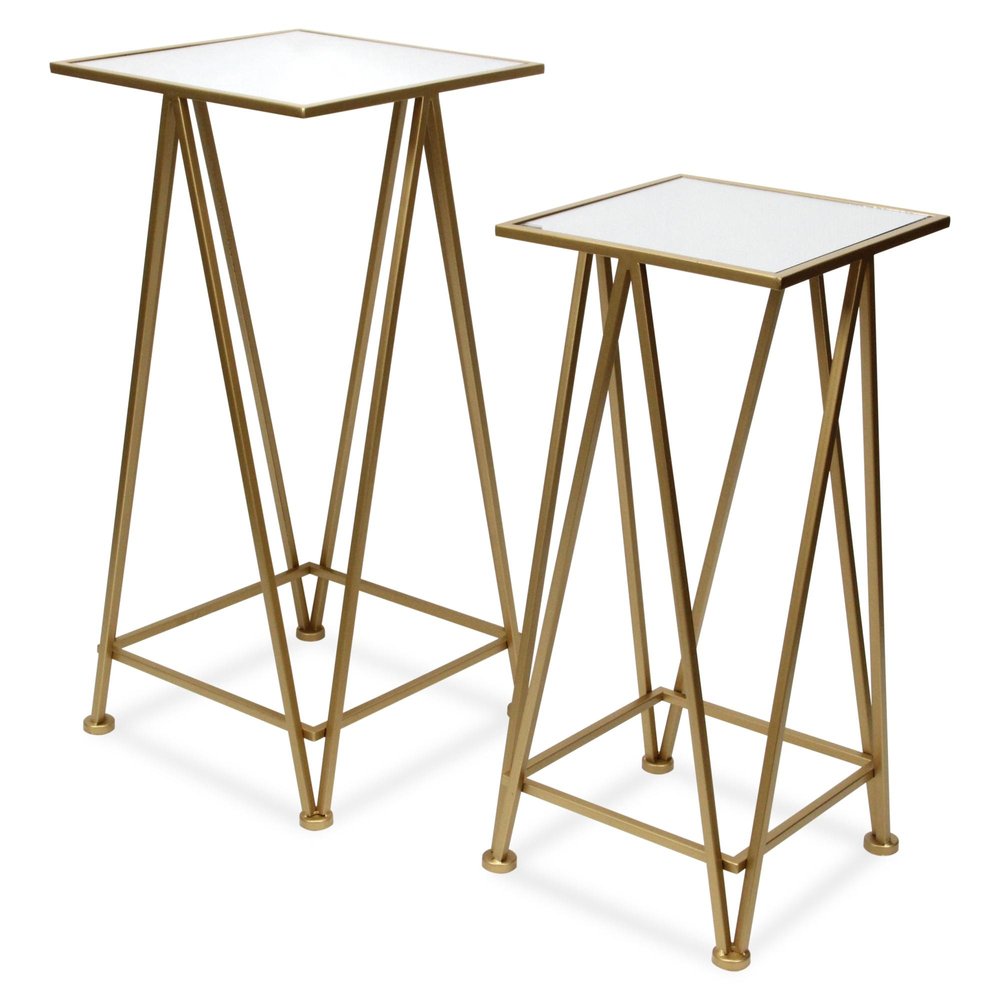 Set of Two Silver and Black Mirrored Glass and Steel Square Frame Nested Tables