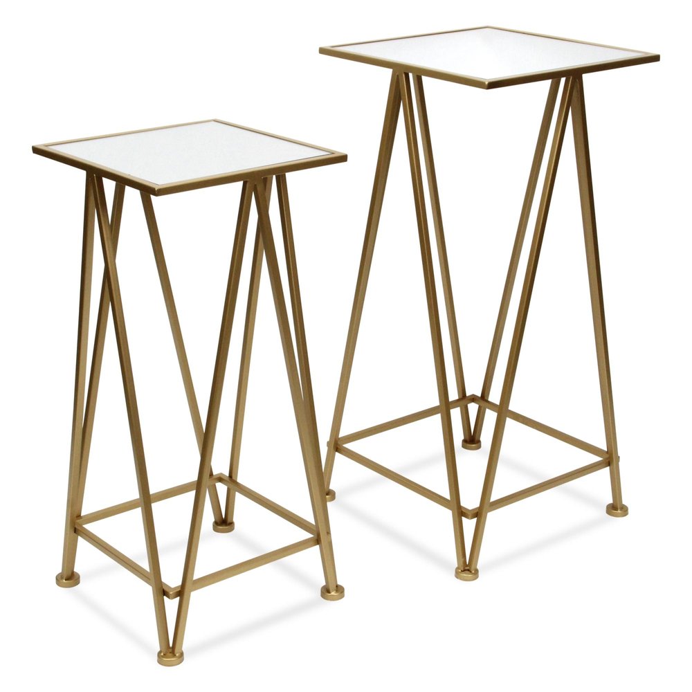 Set of Two Silver and Black Mirrored Glass and Steel Square Frame Nested Tables