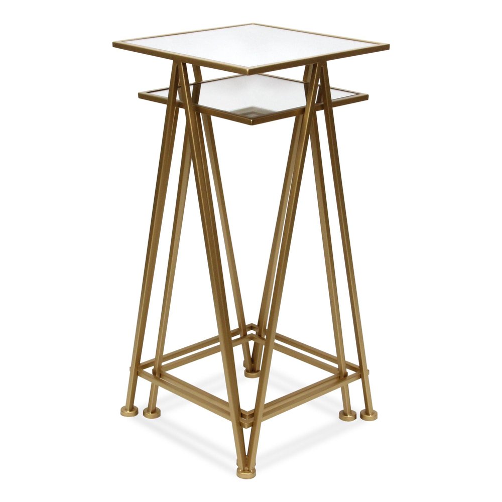 Set of Two Silver and Black Mirrored Glass and Steel Square Frame Nested Tables