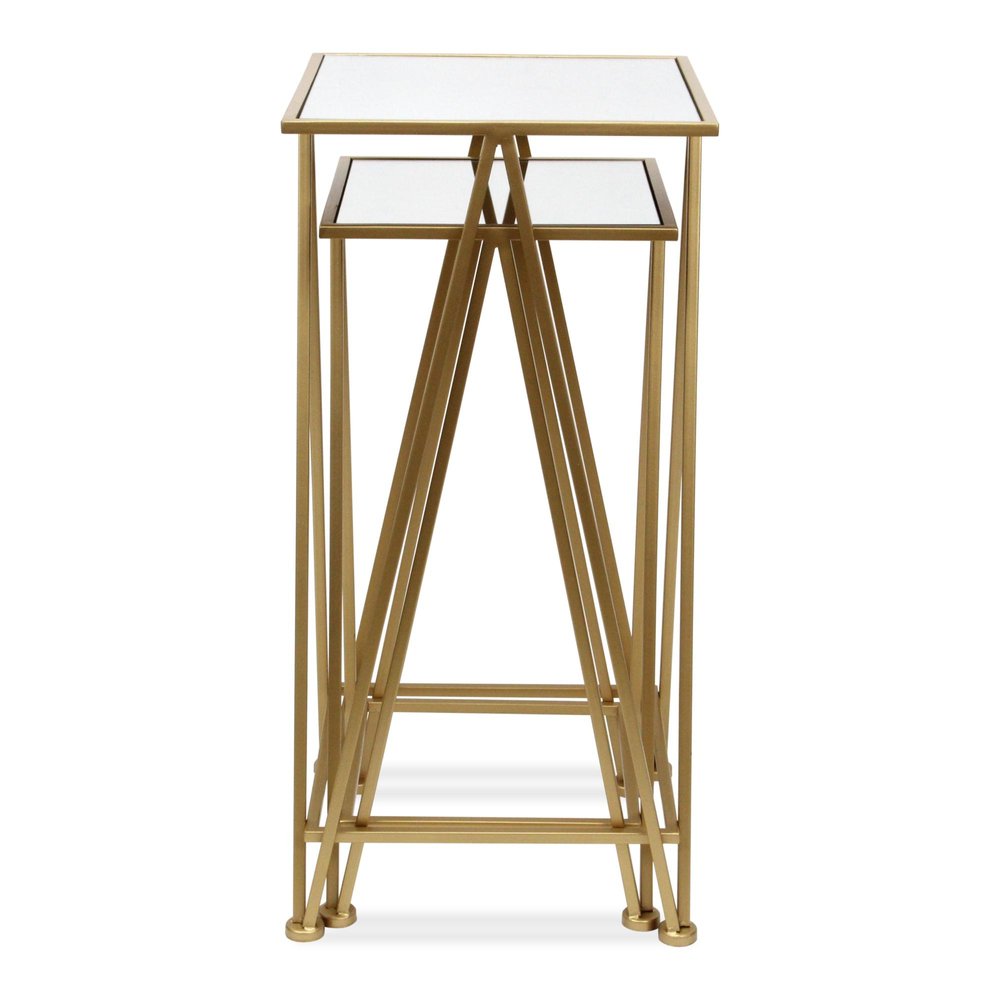 Set of Two Silver and Black Mirrored Glass and Steel Square Frame Nested Tables