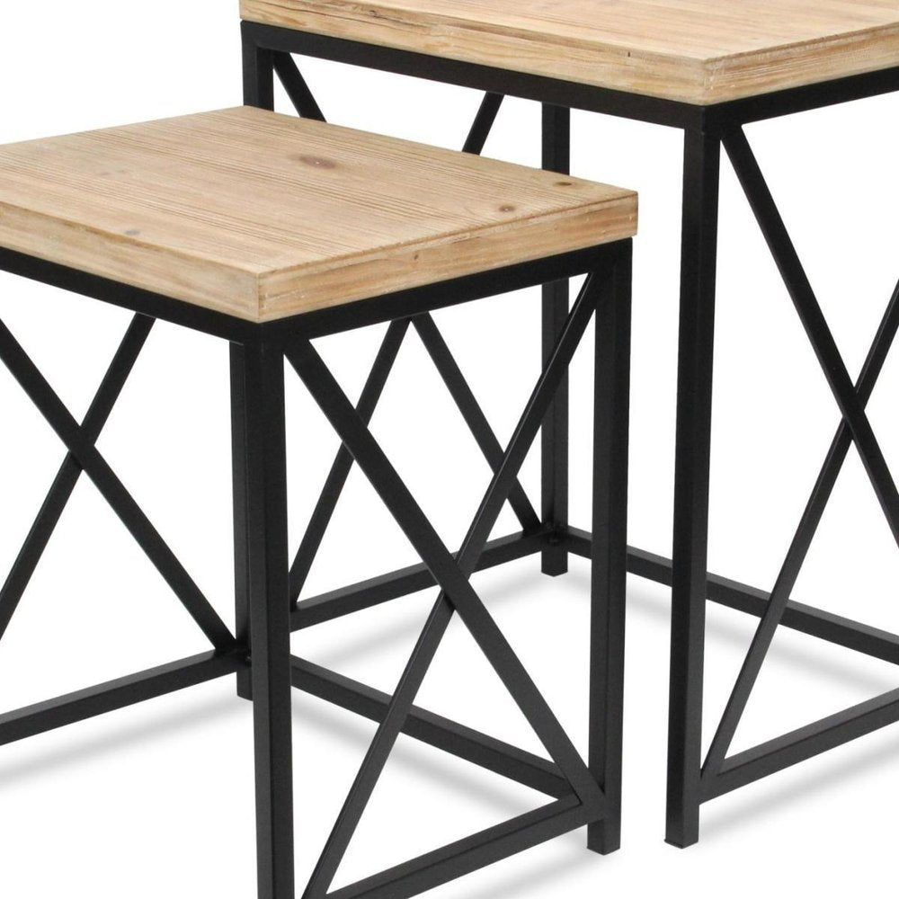 Set of Two Light Brown and Black Distressed Solid Wood and Steel Nested Tables