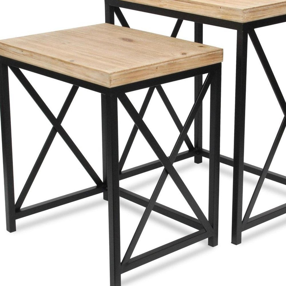 Set of Two Light Brown and Black Distressed Solid Wood and Steel Nested Tables